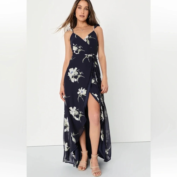 Lulu’s All Mine Navy Floral Print High Low Wrap Dress Womens Size Medium - Picture 1 of 14